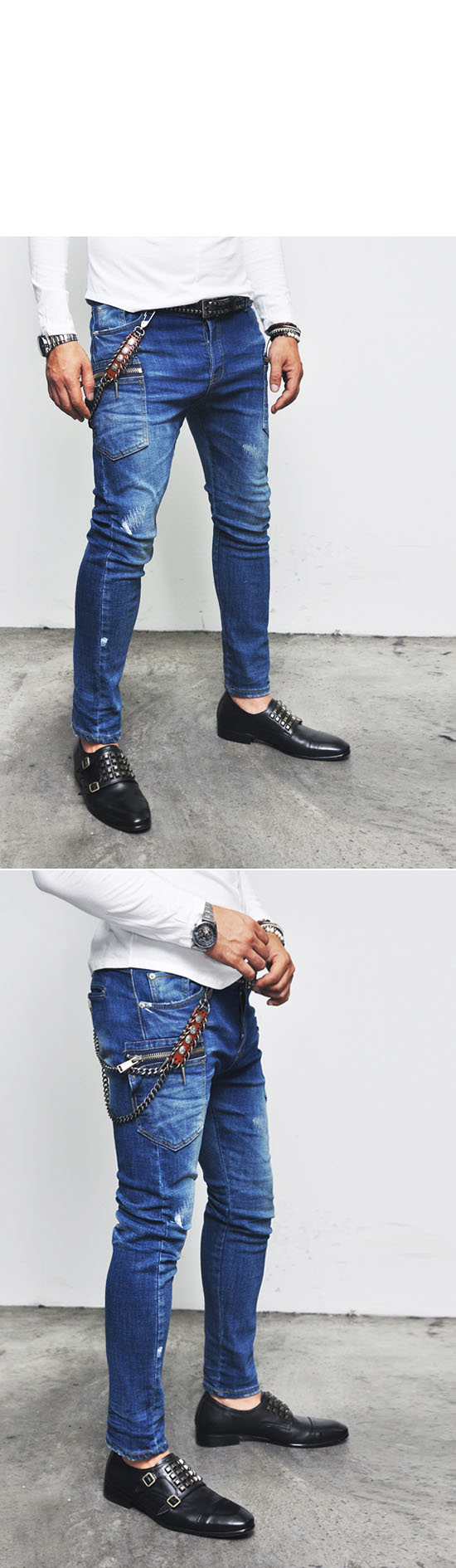 Ankle Length Mens Zippered Cargo Slim Straight Span Denim Blue Jeans by